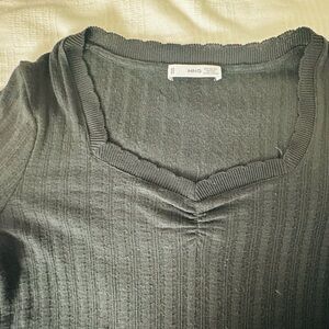 Mango Black Ribbed V-Neck Top